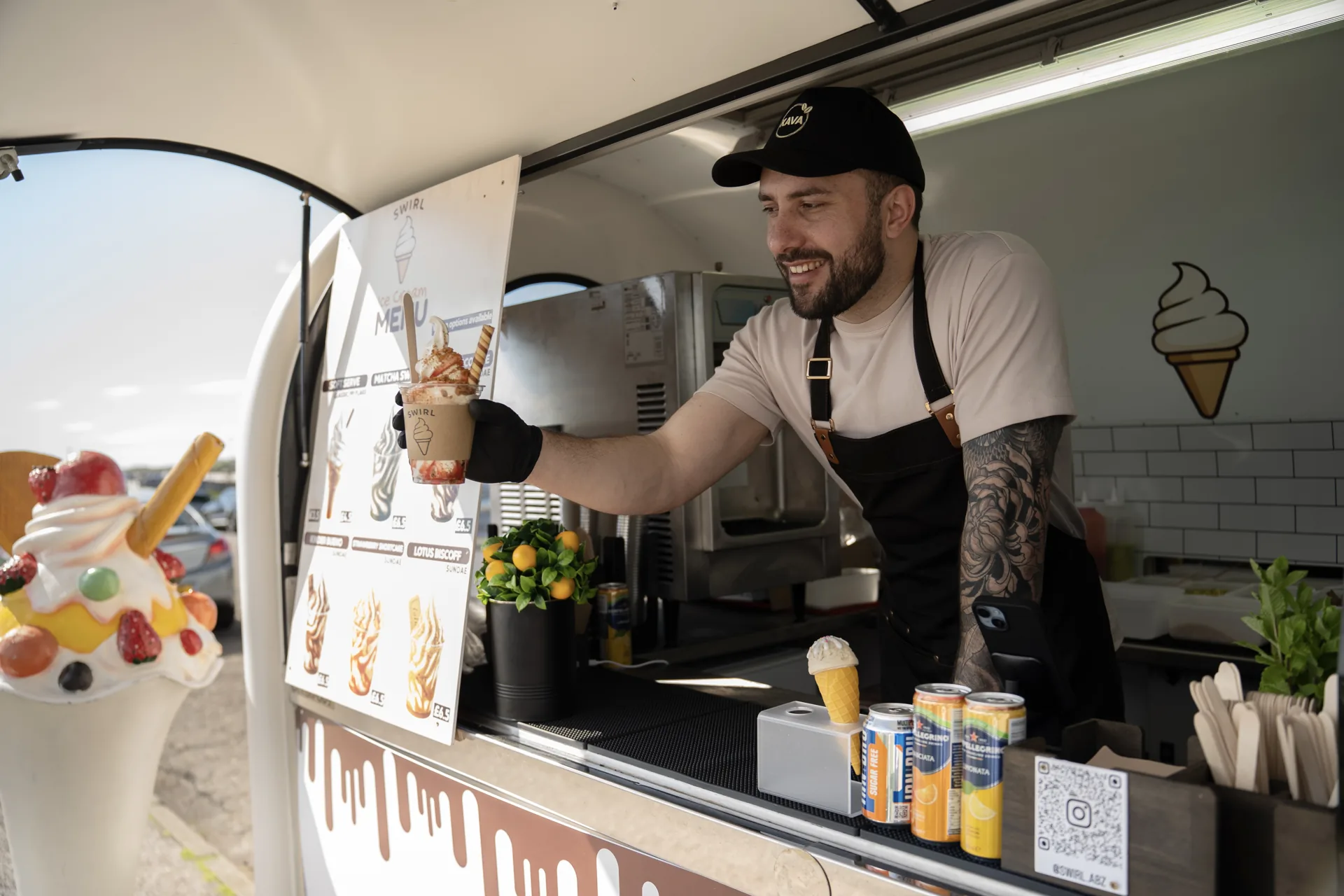 Serving ice cream from the trailer window